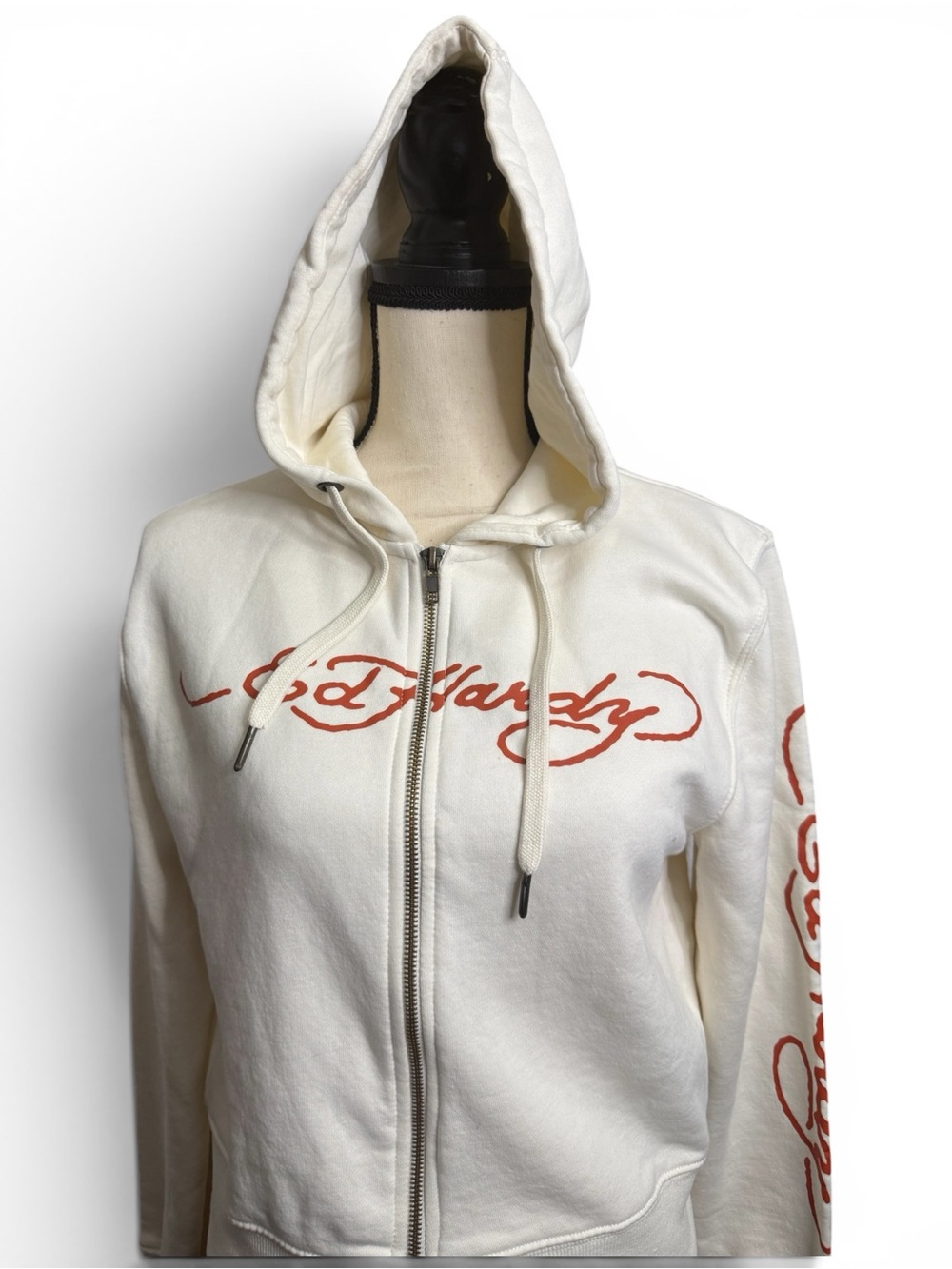 Ed Hardy Ivory LOVE KILLS SLOWLY Zipper Hoodie Sweatshirt Jacket Women Small